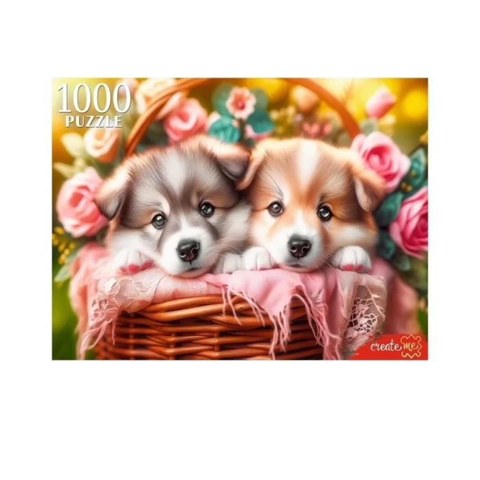 Пазл Рыжий кот Два щенка в корзине 1000 элементов