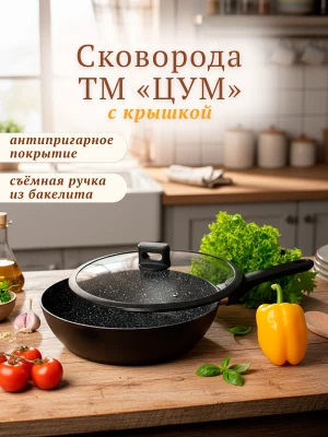 Сковорода ТМ &quot;ЦУМ&quot; глубокая с крышкой, 28-30 см