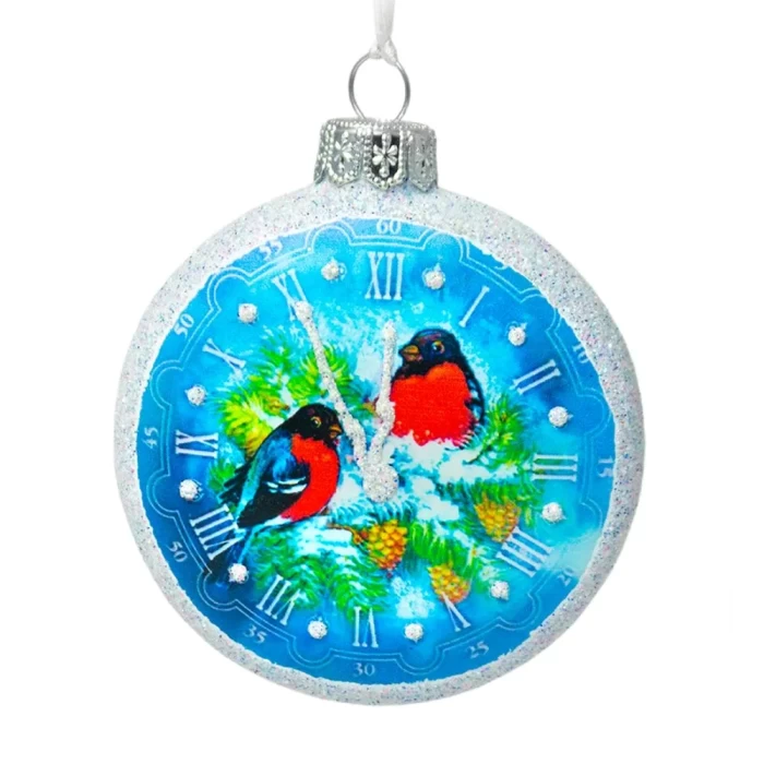 Елочная игрушка стеклянная декорированная Медальон-снегири